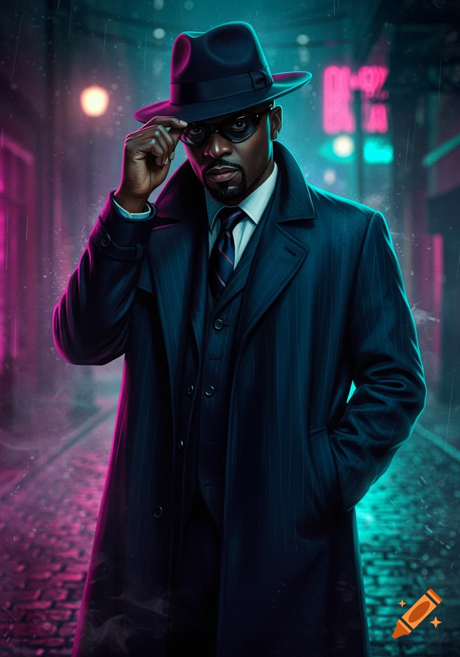 A stylish Black man in a pinstripe trench coat, fedora, and sunglasses adjusts his hat, standing in a neon-lit, rainy alley.