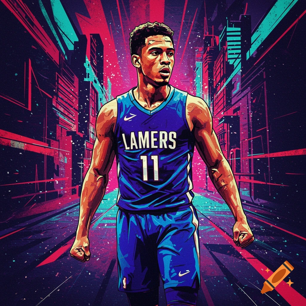 A male basketball player in a blue jersey with 'LAMERS 11' on it, standing in a vibrant, neon-lit comic book-style city background.