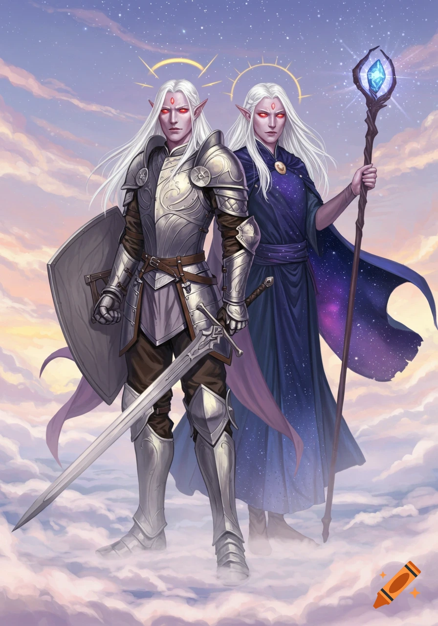 Two white-haired elves, one in silver armor with sword and shield, the other in a starry robe with a staff, stand on clouds under a starry sky.
