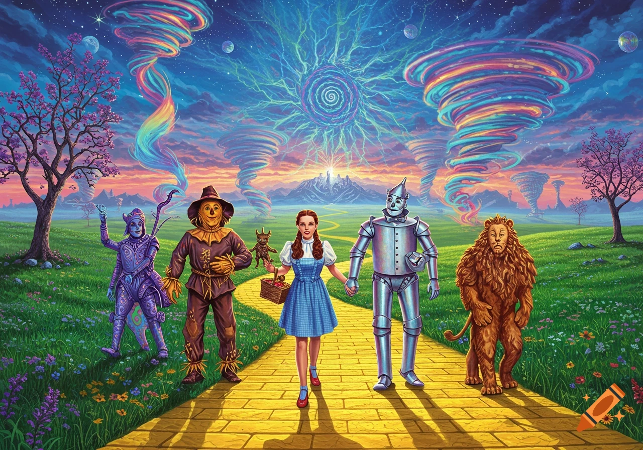 Dorothy and friends on the yellow brick road in a vibrant, psychedelic Oz landscape with rainbow tornadoes.