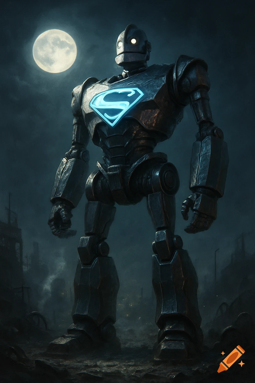 The Iron Giant robot with a glowing blue Superman 'S' logo stands under a full moon in a desolate, misty landscape at night.