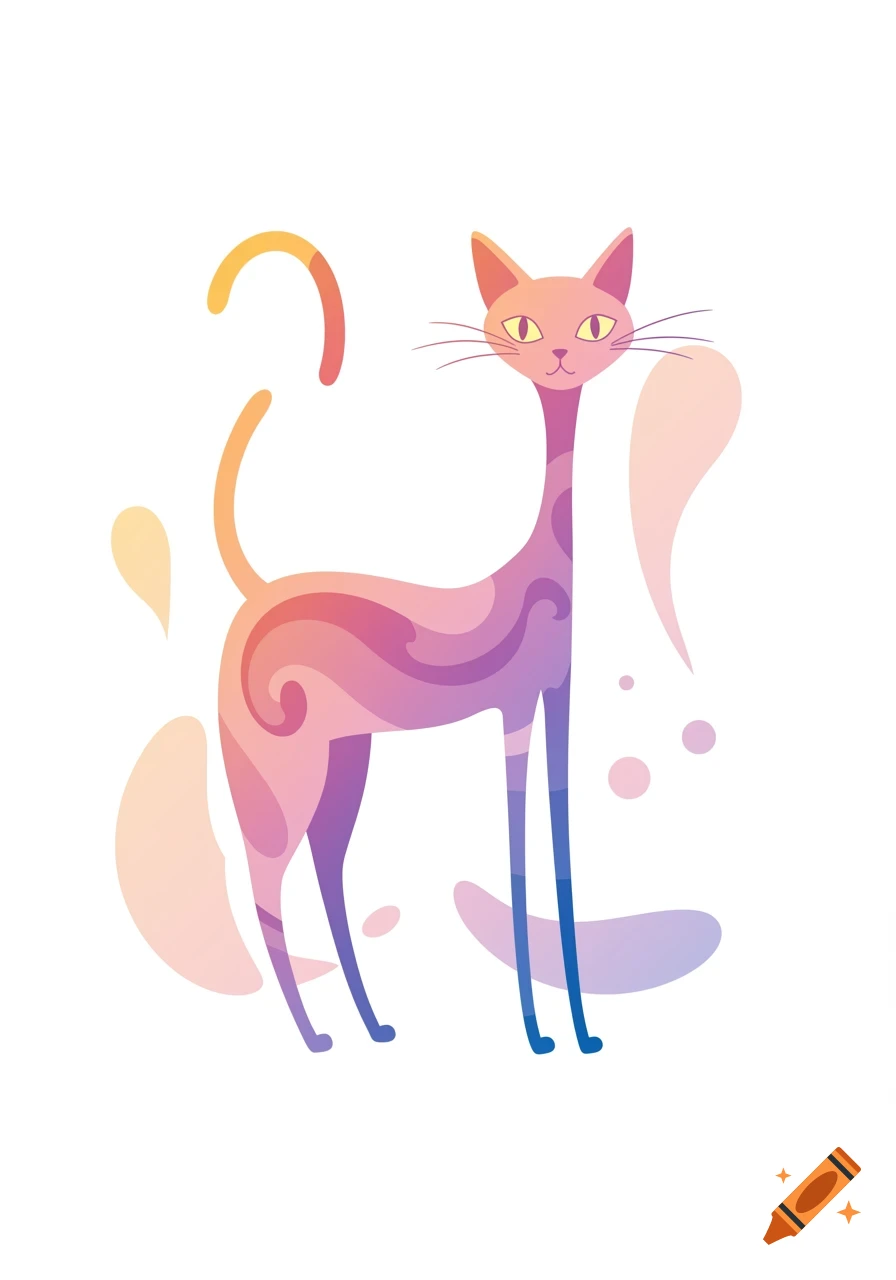 A colorful, stylized cat illustration with a long neck and legs, featuring pink, purple, and orange gradient swirls. The cat has yellow eyes and thin whiskers.