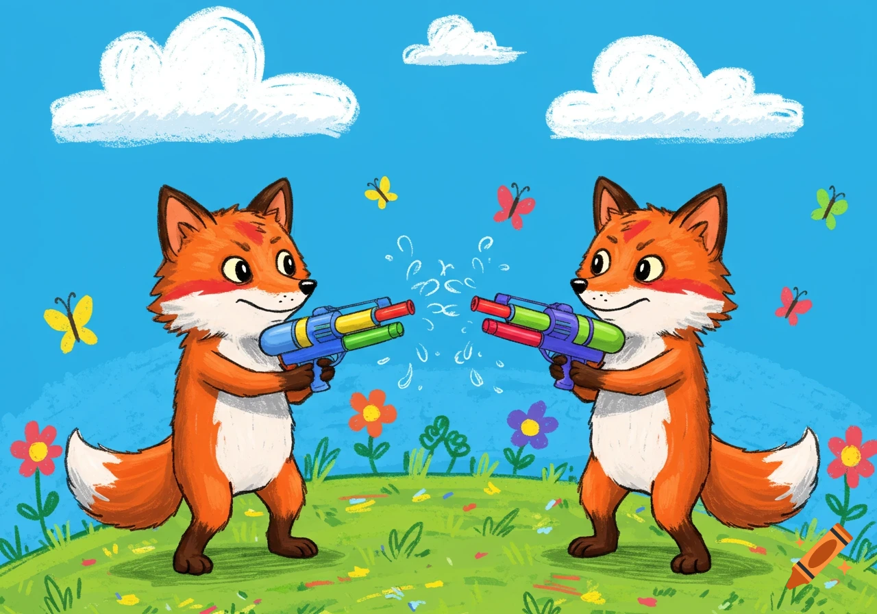 Two cartoon foxes in a child's drawing style, facing each other in a grassy field, spraying water from colorful water guns.