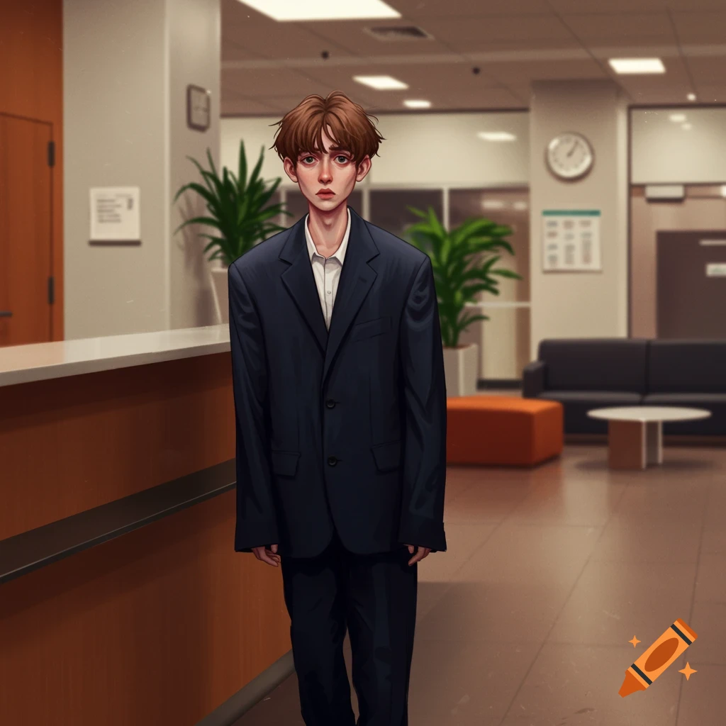 A mousey-haired young man in an oversized navy suit stands at a reception desk in an office, illustrated.
