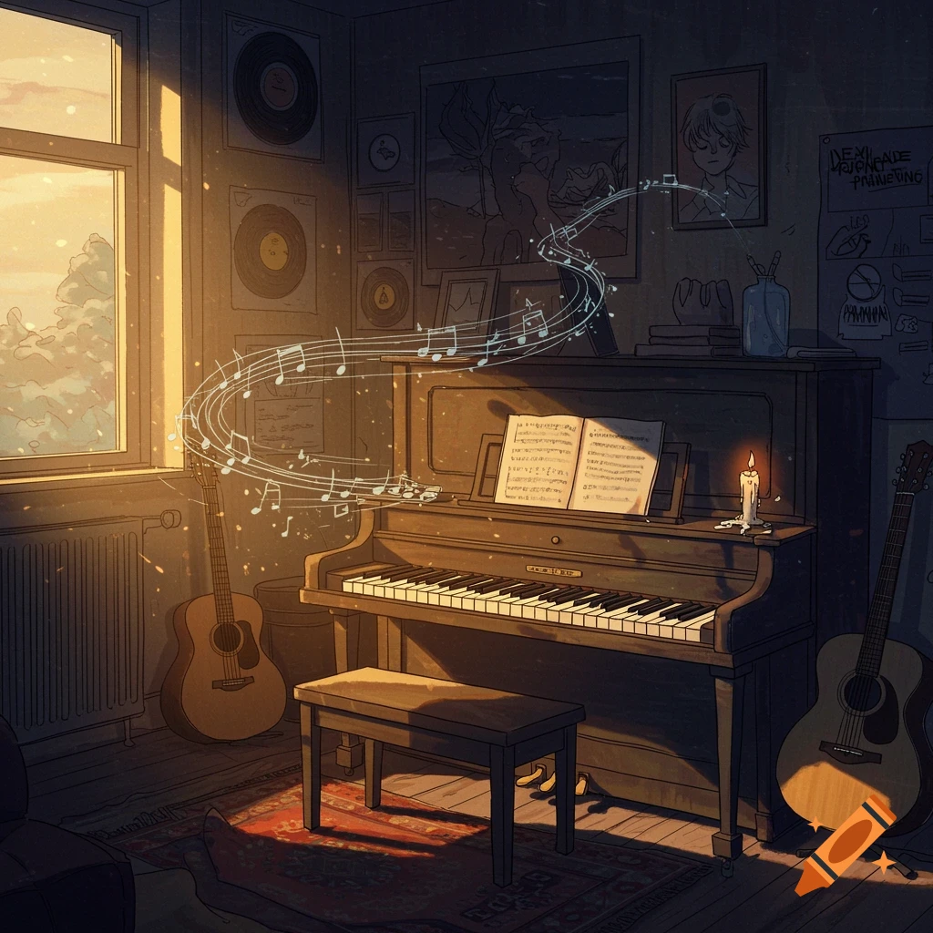 A cozy room with a piano and two guitars, bathed in warm sunlight from a window, with musical notes floating above the piano in an illustrative style.