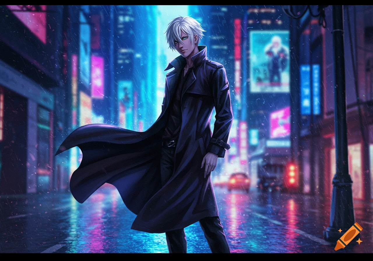 An anime boy with white hair and a black trench coat stands in the rain on a neon-lit city street at night.