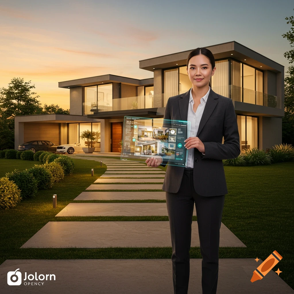 A smiling real estate agent in a business suit holds a holographic tablet showing a house interior, standing in front of a modern house at sunset.