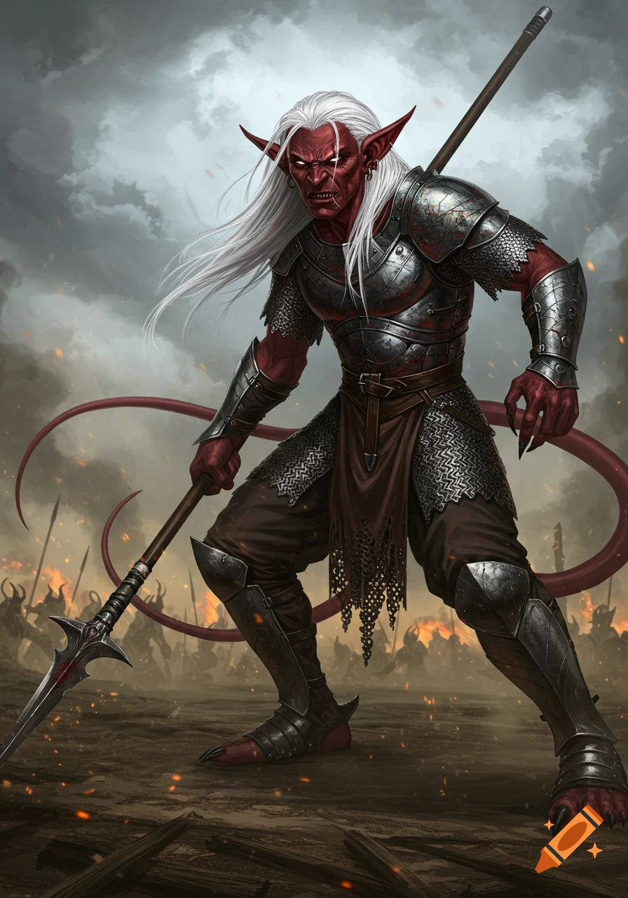 A fierce red-skinned, white-haired demon-like warrior in chainmail armor holds a spear on a smoky battlefield with other figures in the background. Digital art.