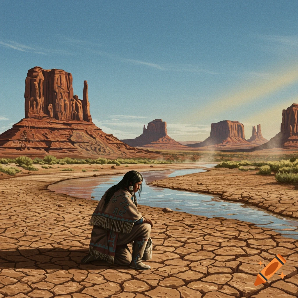 A person in traditional Indigenous clothing kneels by a winding stream in a cracked desert, with large mesas and buttes under a blue sky.