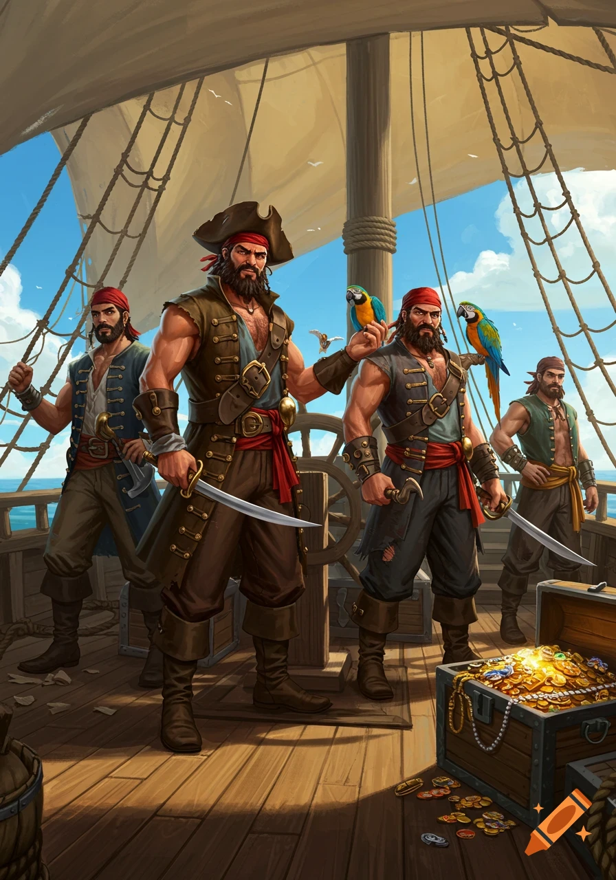 Four bearded male pirates with swords and parrots on a ship deck with a treasure chest filled with gold, in a fantasy art style.