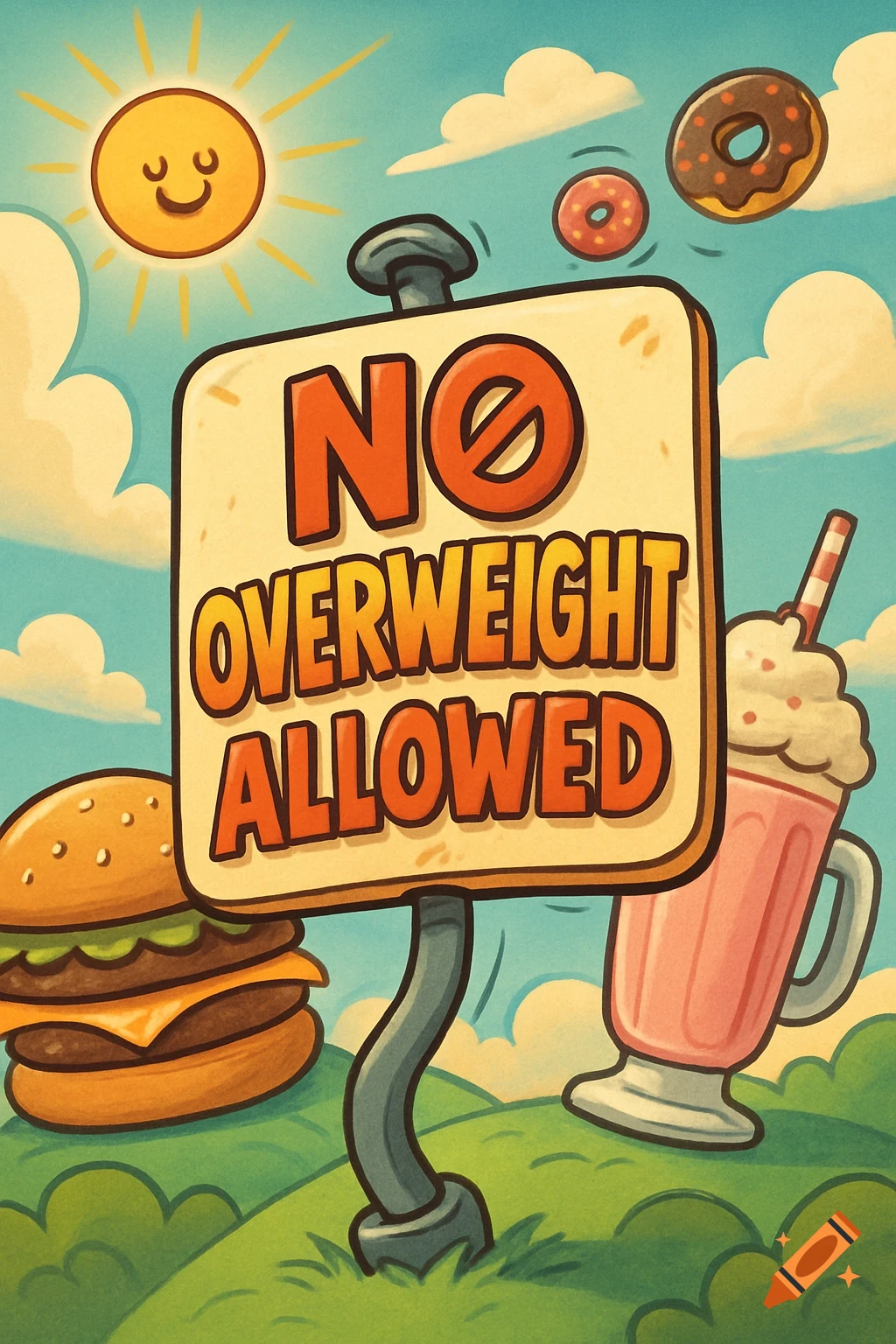 A cartoon sign says 'NO OVERWEIGHT ALLOWED' next to a hamburger, milkshake, and donuts under a smiling sun.
