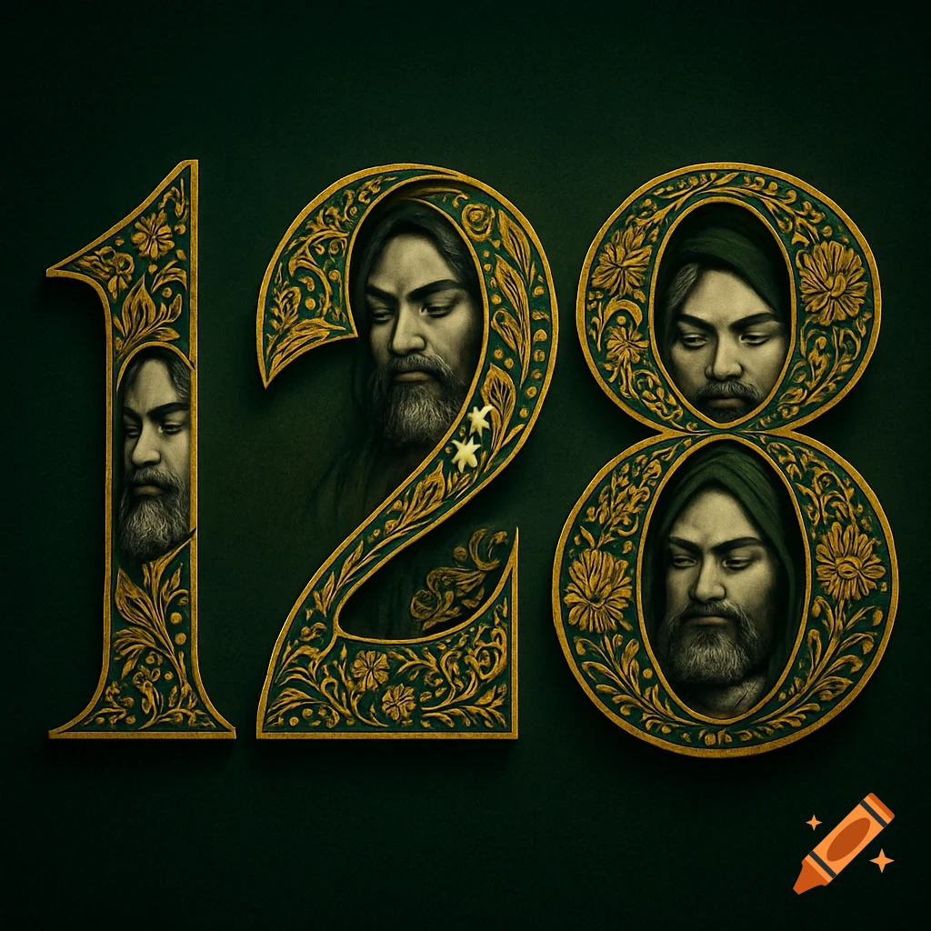 The number 128 designed with intricate gold and green patterns, featuring bearded men's portraits integrated into each numeral.