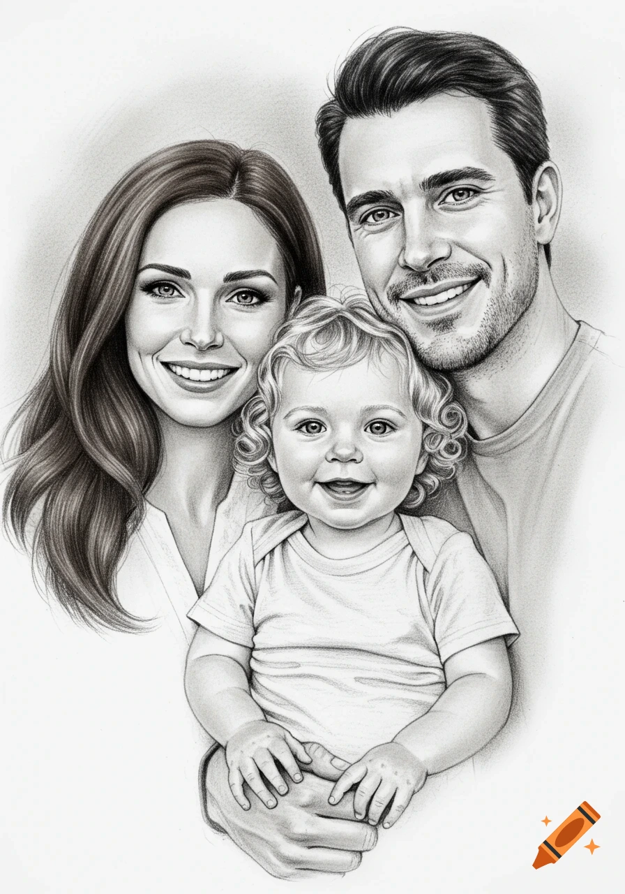 A black and white sketch portrait of a smiling family: a woman, a man, and a baby, all with happy expressions.