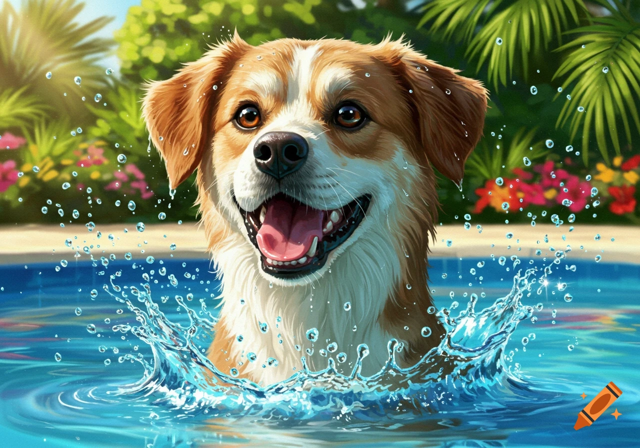A happy golden and white dog splashes in a bright blue swimming pool, with water droplets spraying around it. Lush green foliage is in the background.
