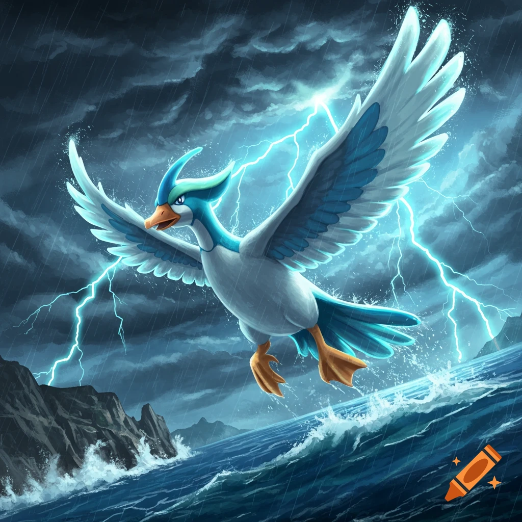 A blue and white goose-like Pokemon with large wings flies over a stormy ocean with lightning striking in the dark sky.
