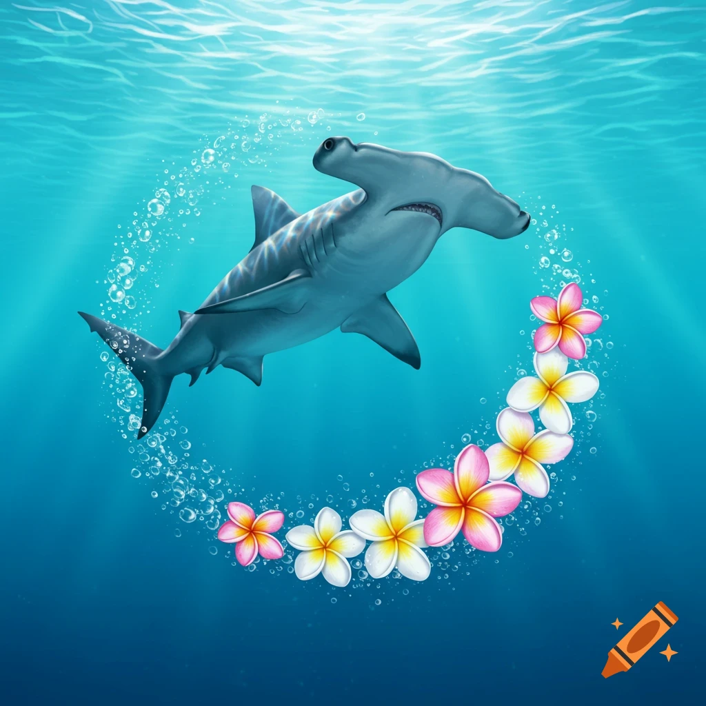 A hammerhead shark swims in clear blue water surrounded by a ring of pink and white plumeria flowers and bubbles.