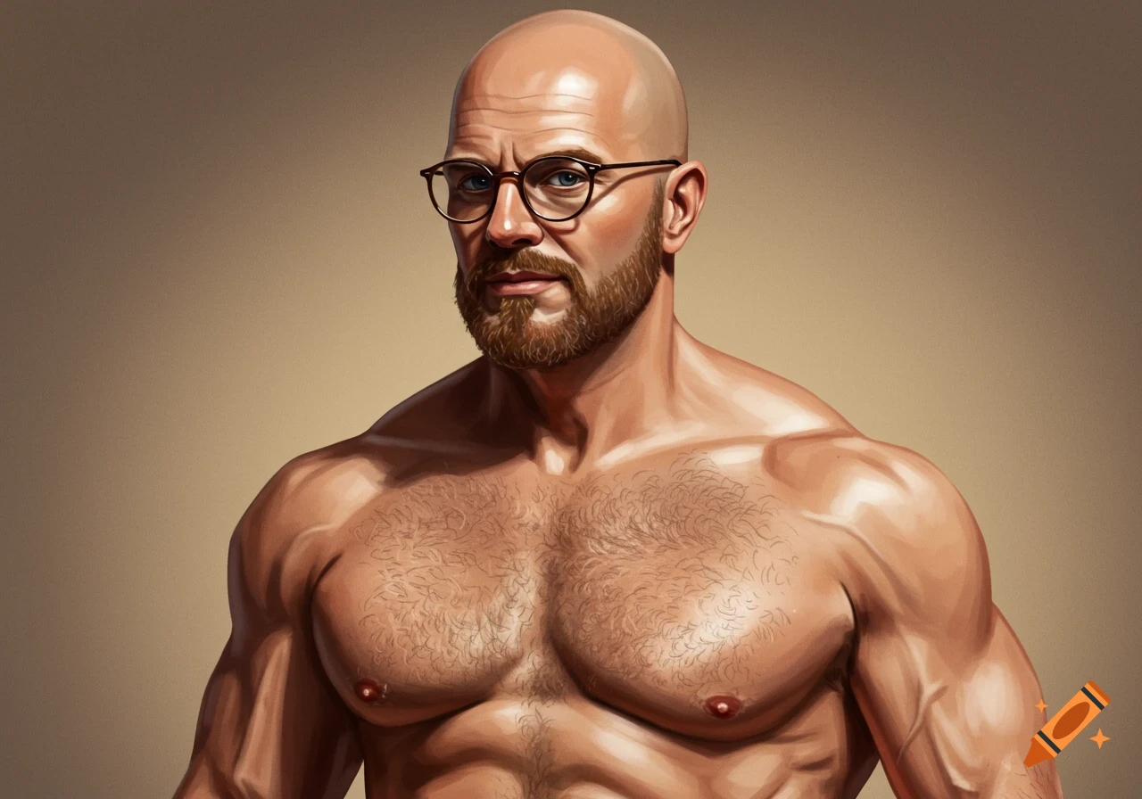 A digital painting of a muscular, bald man with a brown beard and glasses, shirtless.