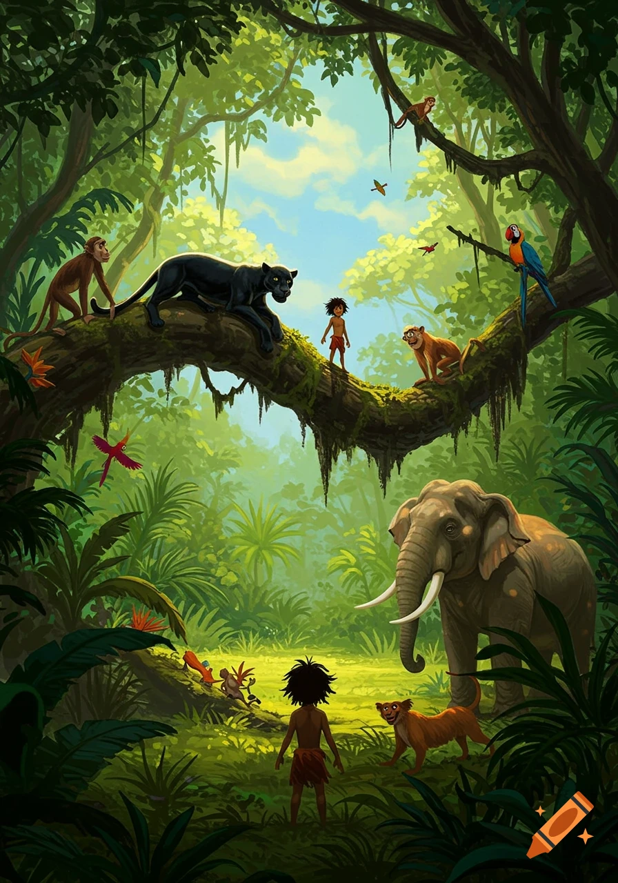 An illustrative scene of a young boy in a jungle with a black panther, monkeys, an elephant, and other animals.