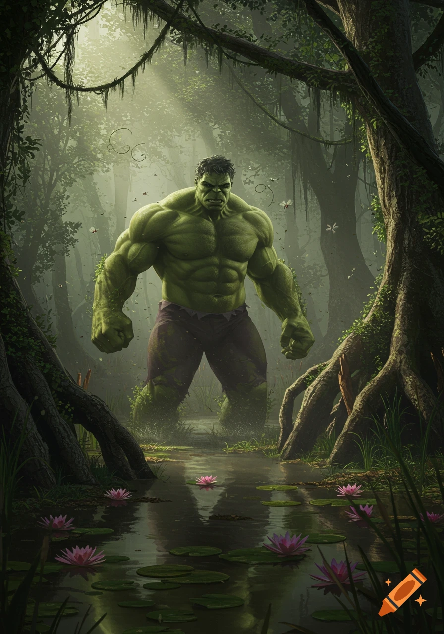 The Hulk stands menacingly in a misty swamp filled with trees, dark water, lily pads, and pink water lilies.