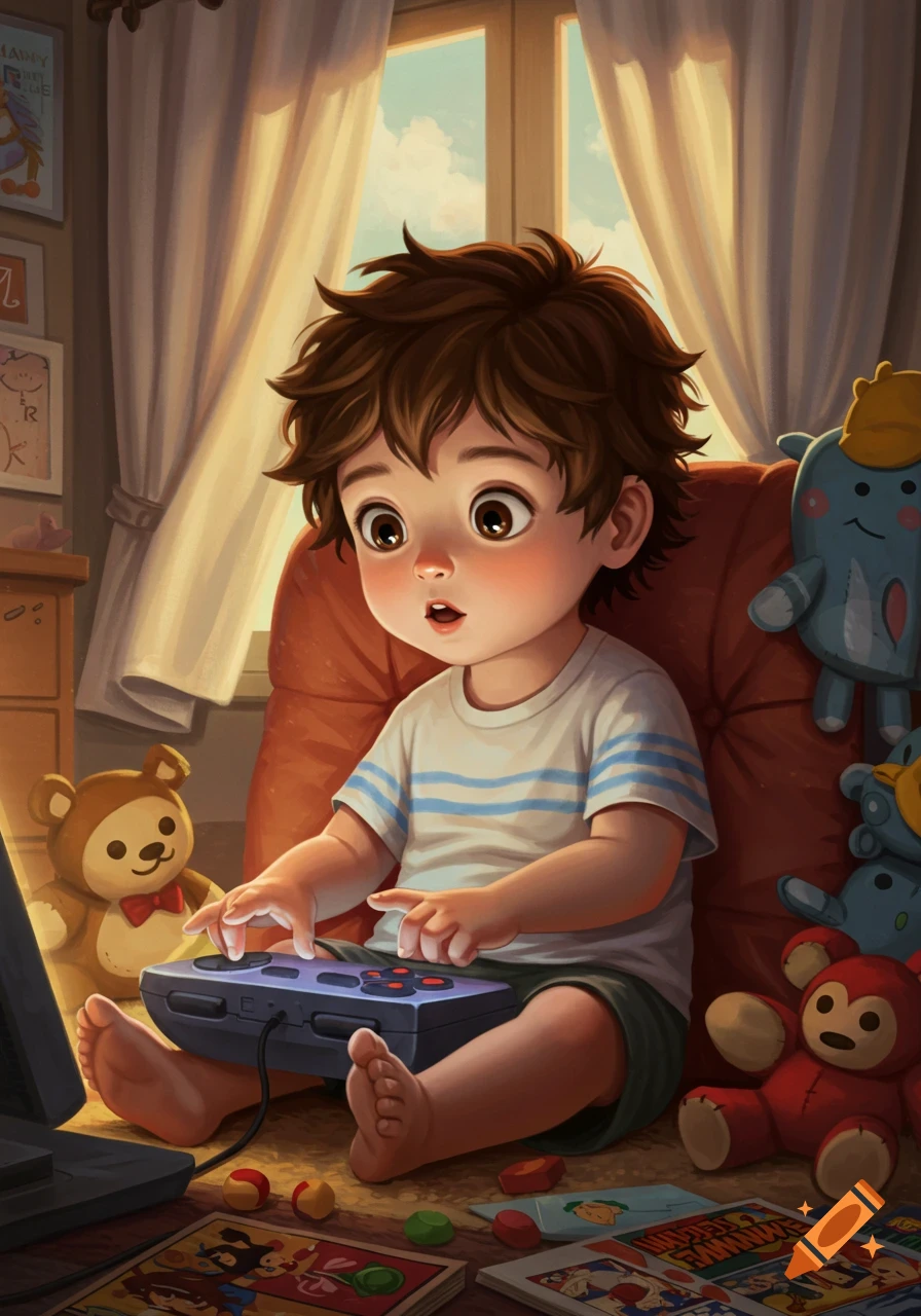 A young boy with brown hair and big eyes sits on the floor, intently playing an old-style video game controller, surrounded by stuffed animals and game cartridges, in a warmly lit room.