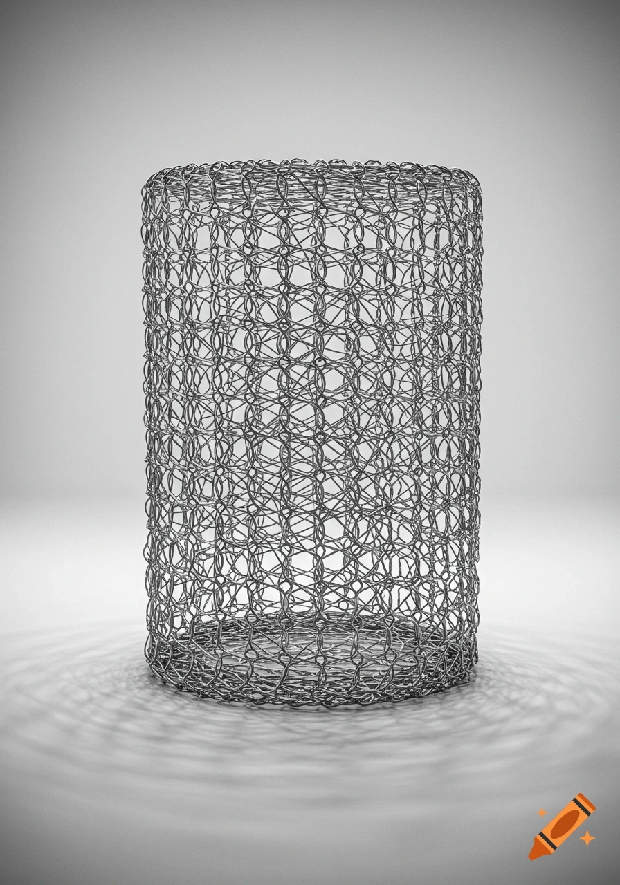 A cylindrical object made of intricate wire mesh stands upright on a light gray surface with a soft shadow.