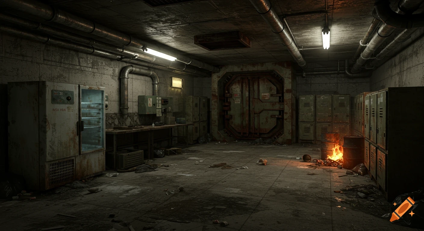 A gloomy, abandoned industrial room with a large metal bunker door, rusty lockers, a freezer, and a burning barrel.