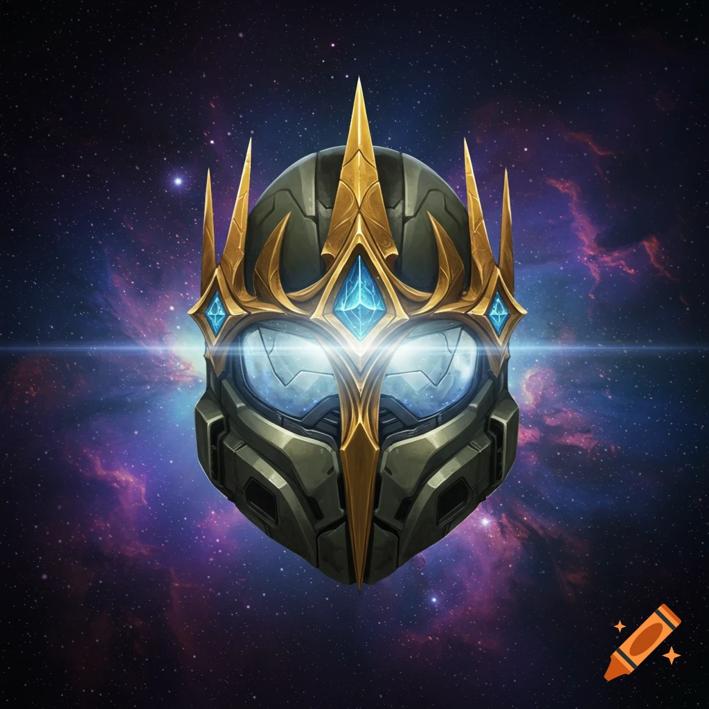 A futuristic helmet with a golden crown adorned with blue glowing gems, set against a vivid purple and blue galaxy background.