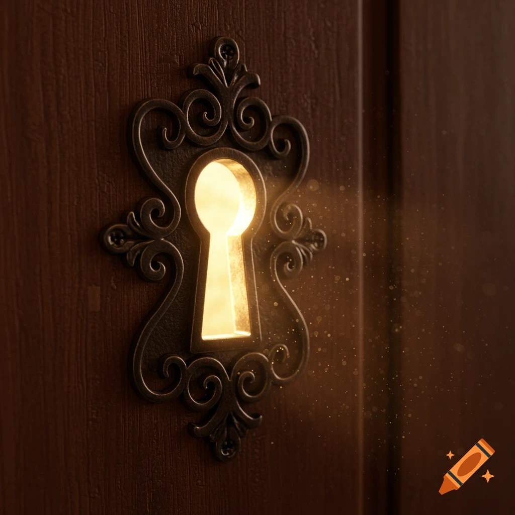 Close-up of an ornate keyhole on a dark wooden door with bright light glowing through it and dust motes. Photorealistic style.