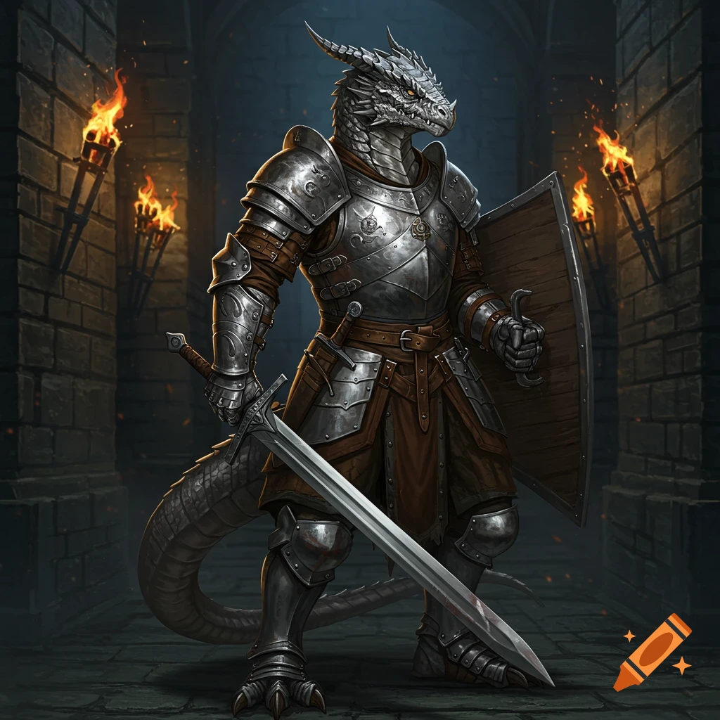 A silver dragonborn fighter in full plate armor holds a sword and shield in a torch-lit dungeon corridor.