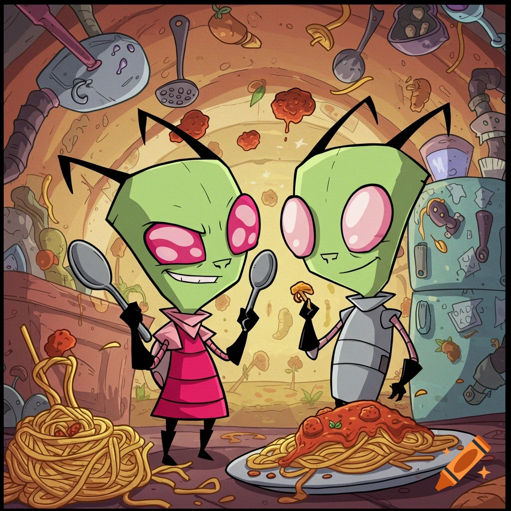 Invader Zim and Gir eating spaghetti in a messy kitchen.