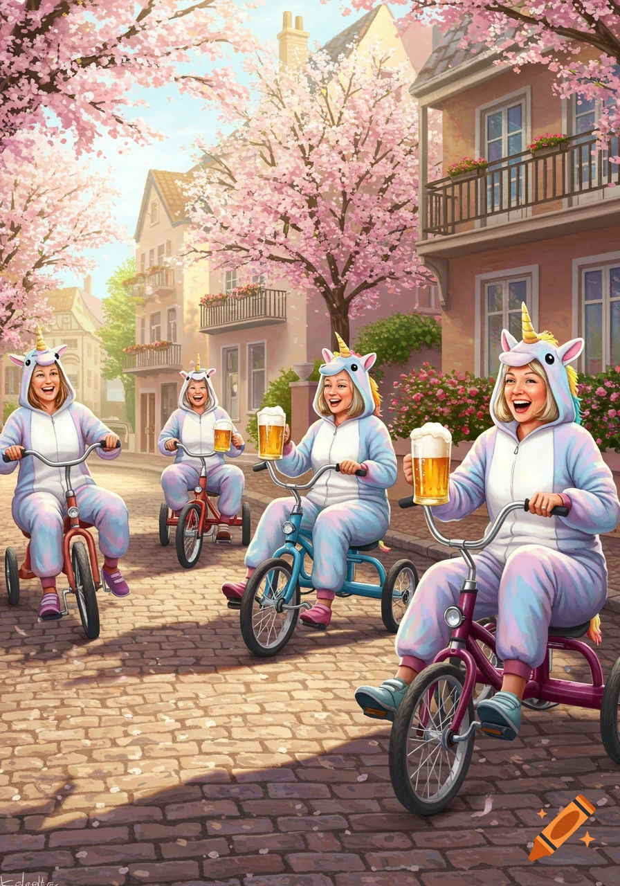 Four middle-aged women in unicorn onesies ride tricycles down a cobblestone street lined with cherry blossom trees, each holding a mug of beer.