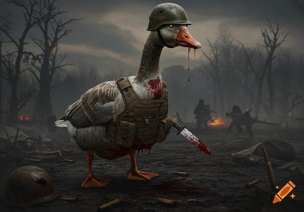 A photorealistic goose wearing a military helmet and tactical vest, holding a bloody knife, stands in a dark, war-torn battlefield.