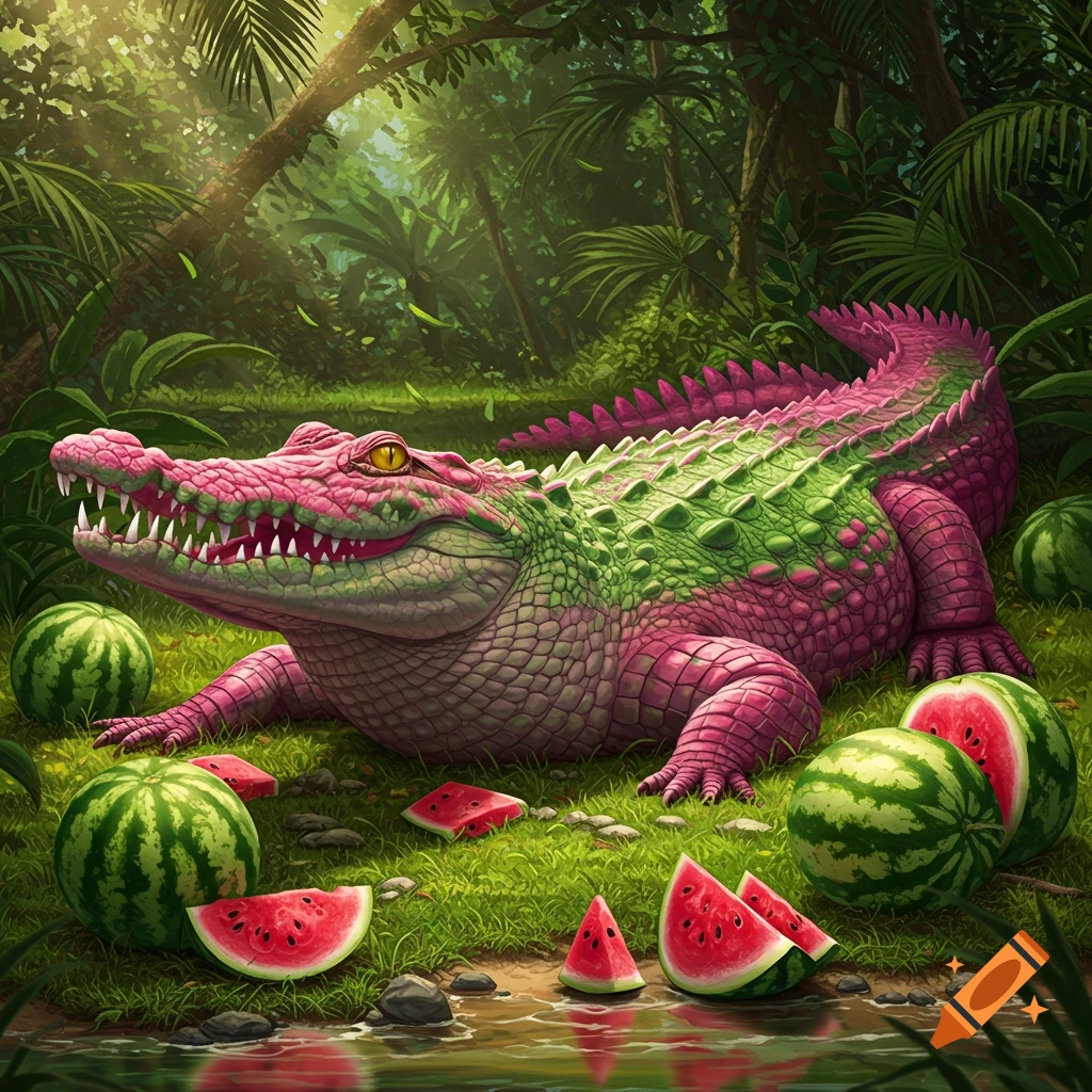 A vibrant pink and green crocodile lies in a lush jungle, surrounded by whole and sliced watermelons near a stream.