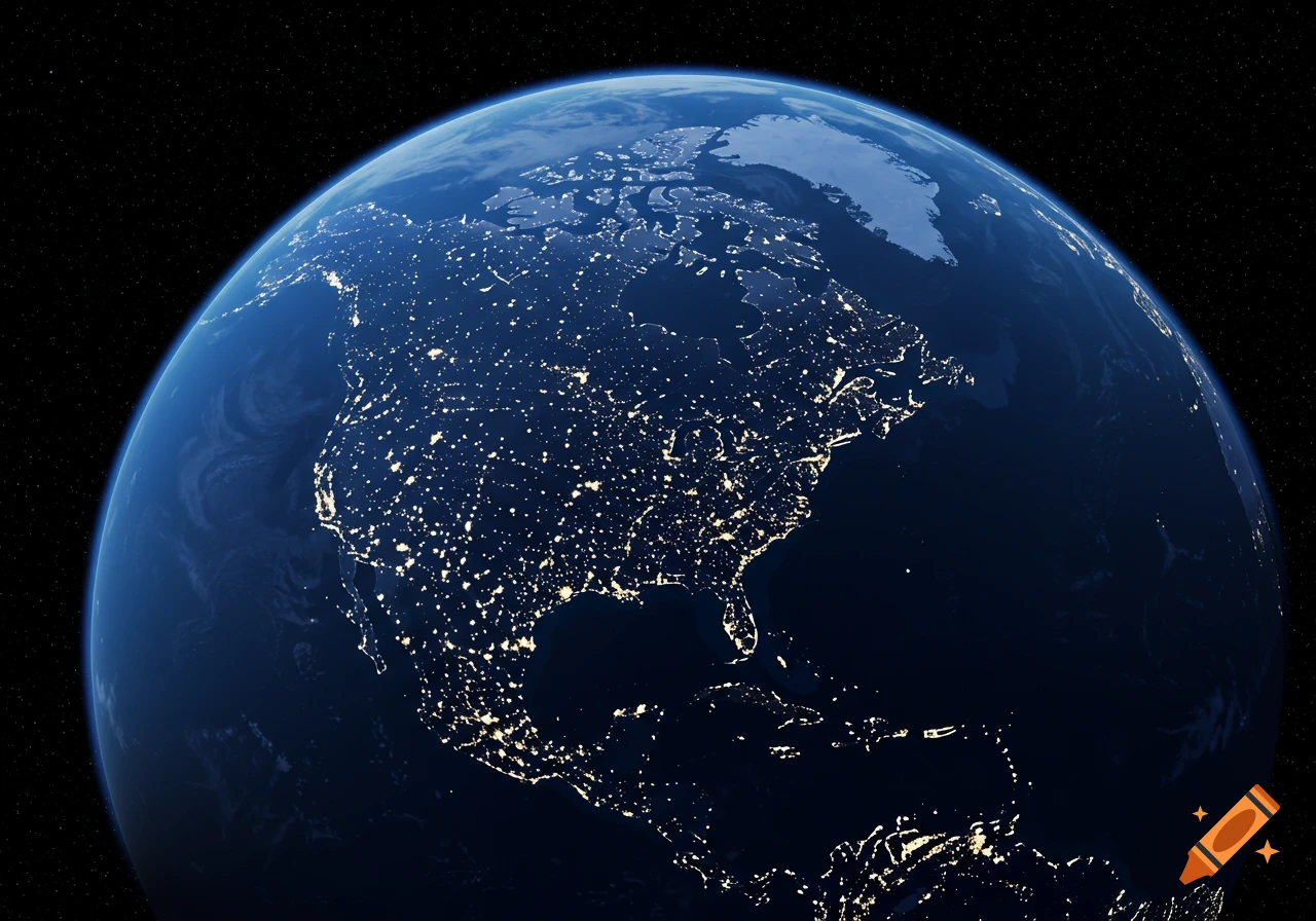 A photorealistic depiction of the North American continent at night, seen from space with city lights illuminating the landmass.