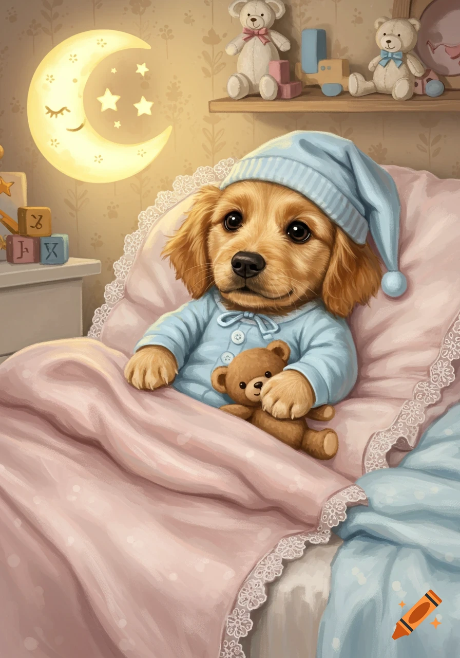 A cute golden retriever puppy wearing blue pajamas and a sleeping cap, holding a teddy bear, lies in a pink bed in a nursery with a crescent moon light.