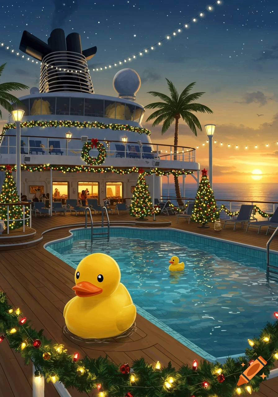 A large rubber duck sits by a swimming pool on a festive cruise ship decorated for Christmas, with a sunset sky.