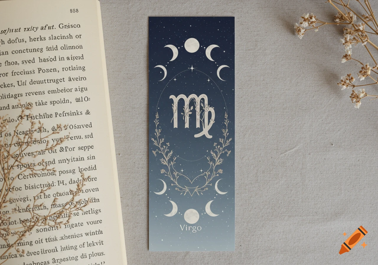 A stylized bookmark featuring the Virgo zodiac symbol intertwined with floral elements, surrounded by different phases of the moon on a gradient background from dark blue to light blue. The bookmark is placed next to an open book and dried flowers on a gray surface.