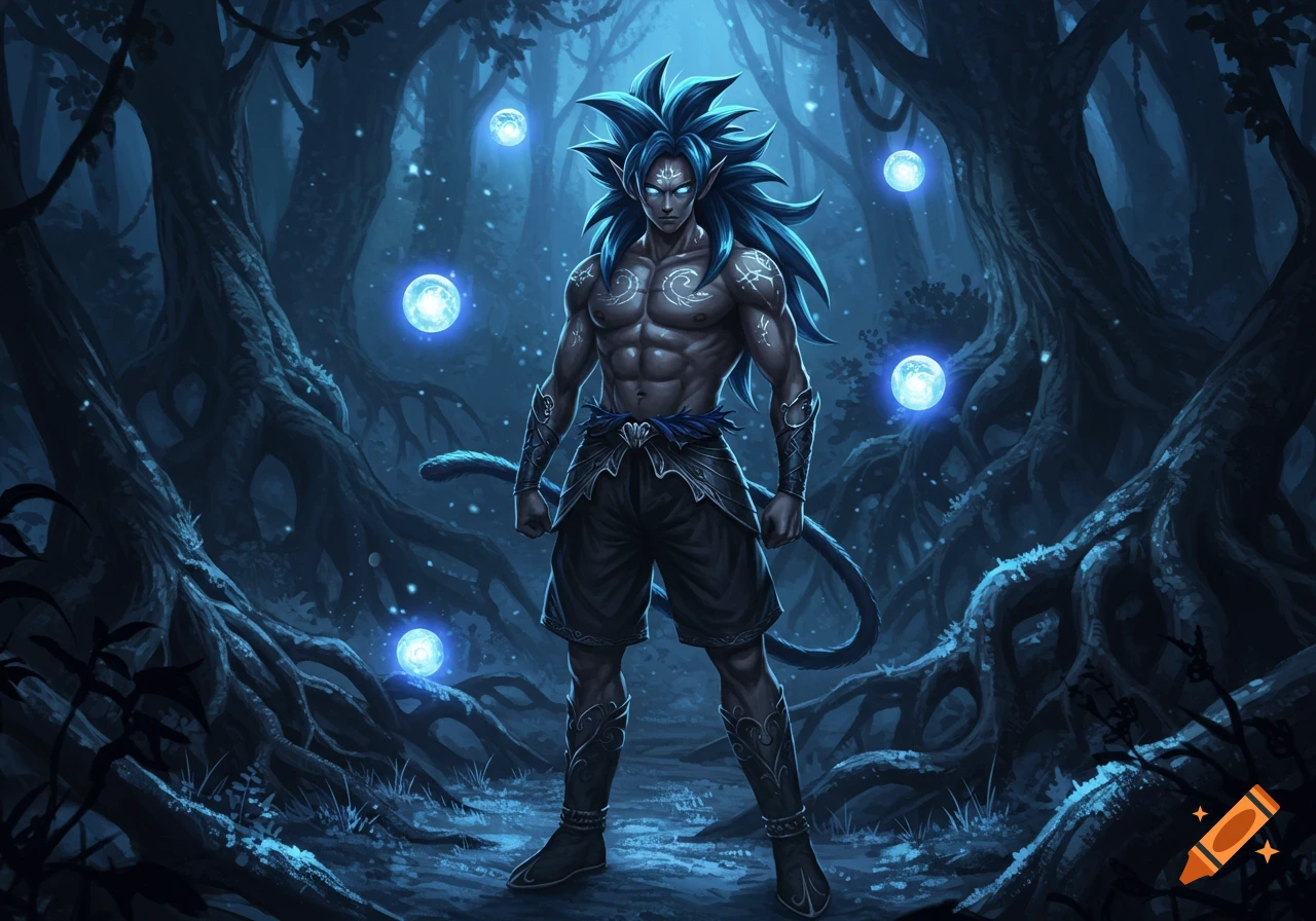 Muscular dark elf-like character with blue spiky hair and glowing eyes in an ethereal forest with floating blue orbs. Digital art.