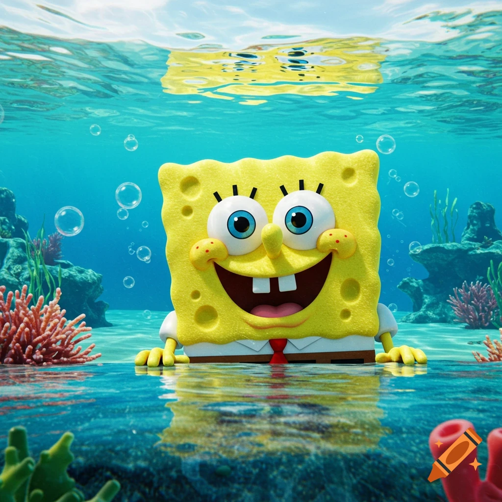 Photorealistic 3D rendering of SpongeBob SquarePants smiling, partially submerged in clear blue ocean water with coral.
