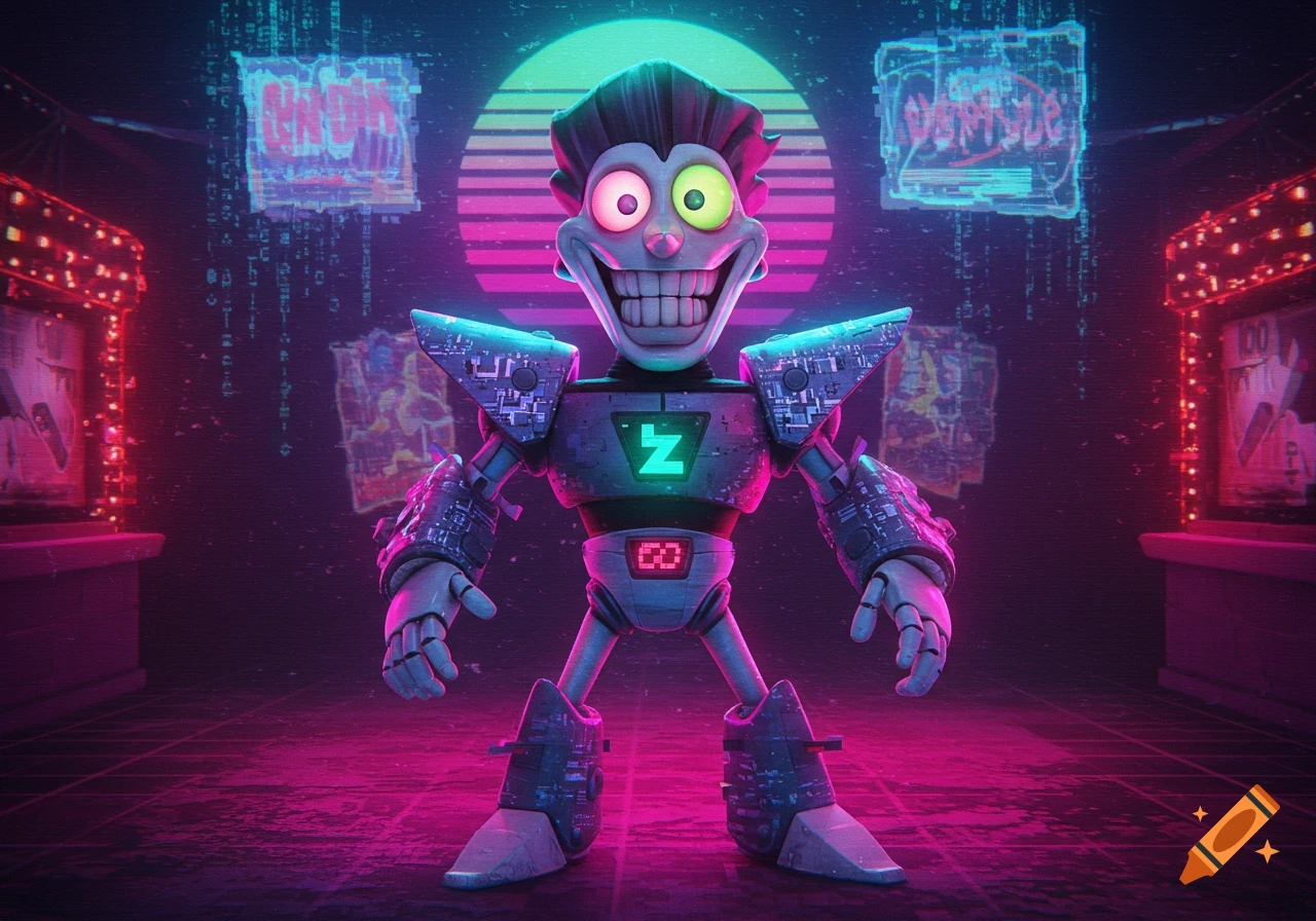 A grinning robot with mismatched eyes and a large smile stands in a neon pink and blue vaporwave-style room with holographic displays.