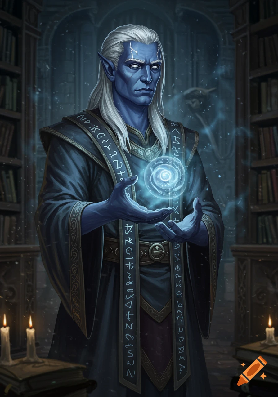 A blue-skinned male wizard with white hair and glowing eyes holds a swirling blue orb of magic in a dimly lit library. He wears dark robes with decorative runes.