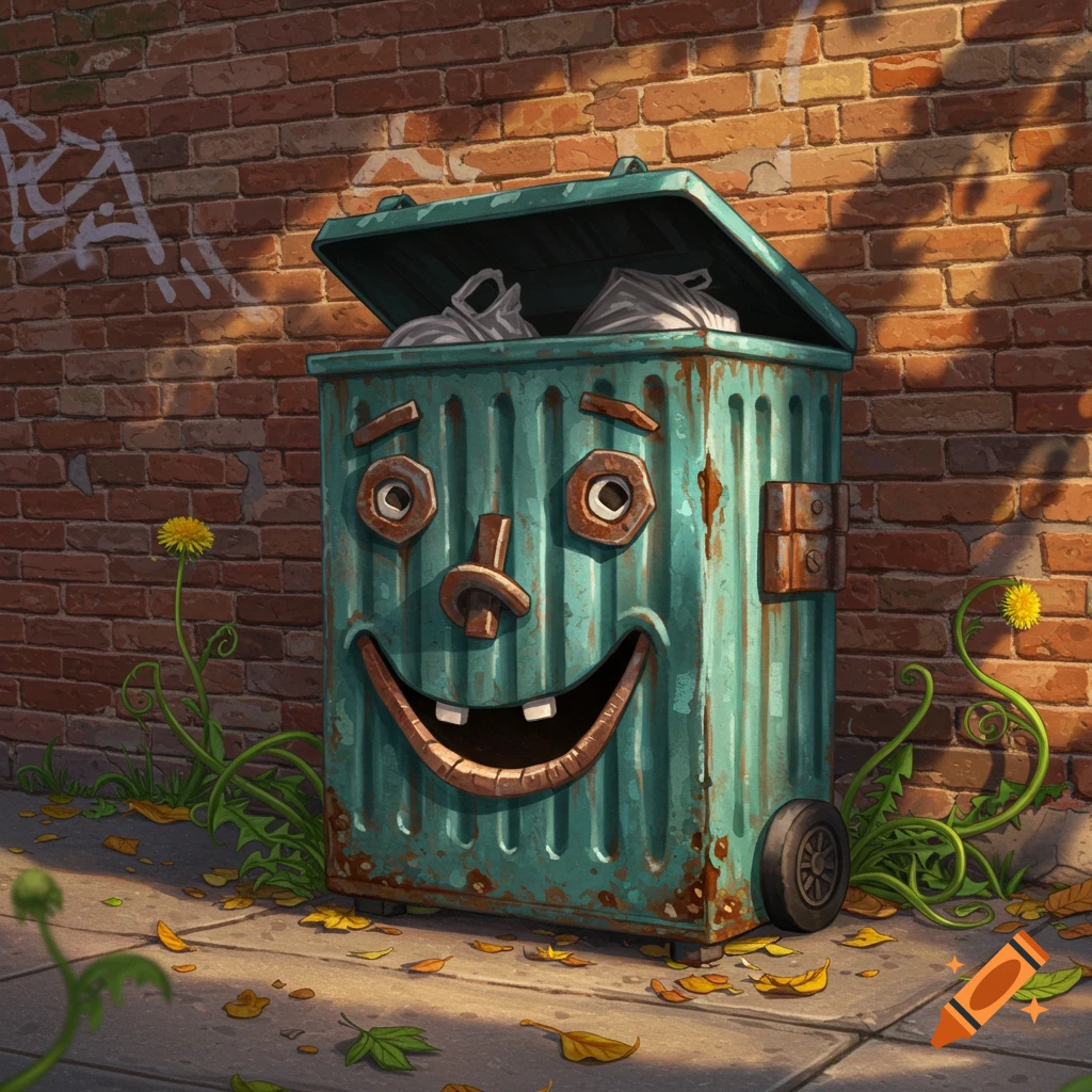 A rusty green anthropomorphic trashcan with a happy face on a sidewalk by a brick wall, with dandelions and leaves.