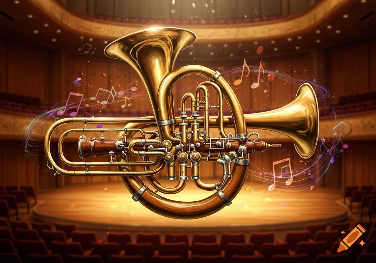 A detailed golden trombone-oboe hybrid instrument with musical notes floating on a concert hall stage.