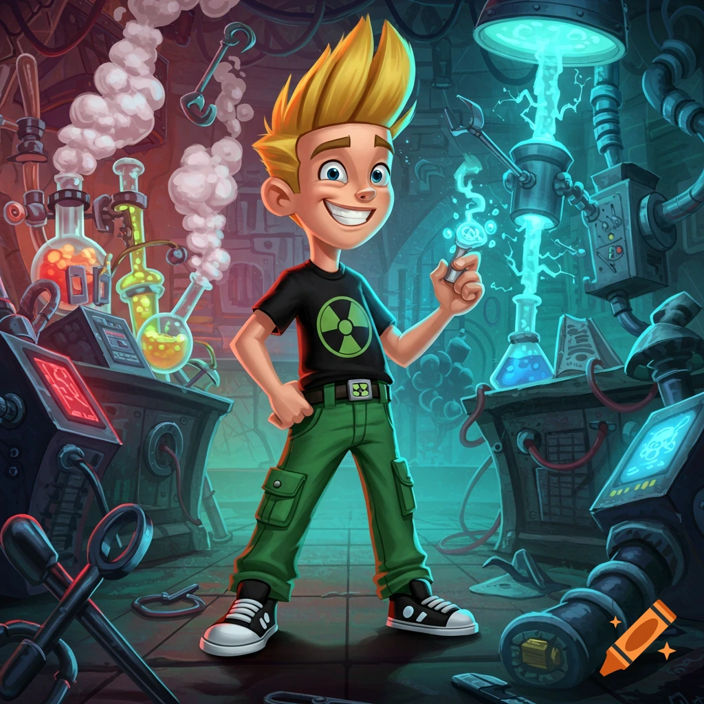 A smiling cartoon boy with spiky blonde hair and a nuclear symbol shirt stands in a chaotic science lab, holding a glowing blue object.