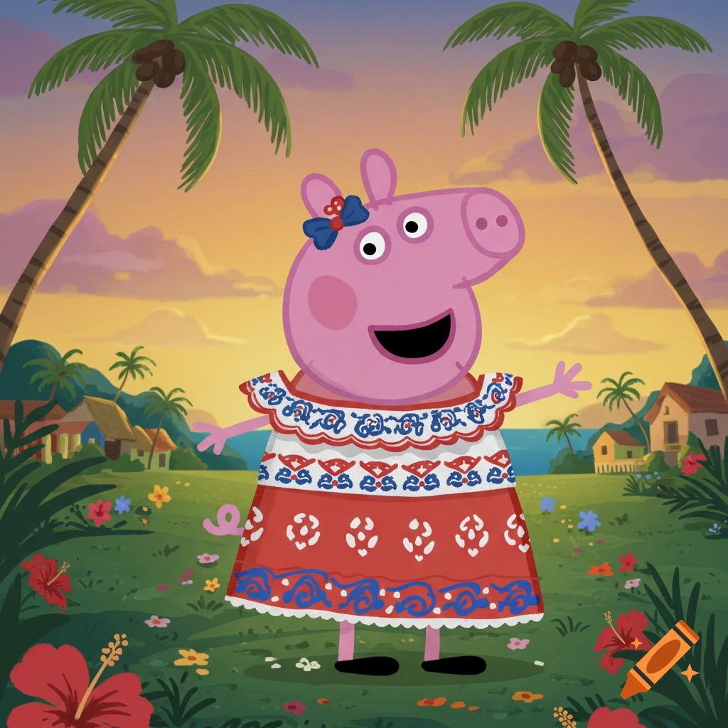 Cartoon Peppa Pig smiles in a festive red and white dress, standing on a tropical island with palm trees, houses, and flowers at sunset.