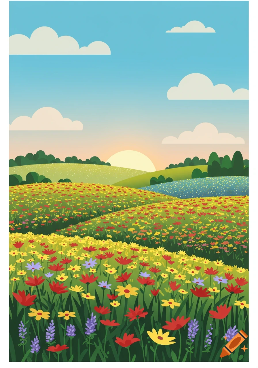 A colorful, vectorized illustration of rolling hills covered in wildflowers under a bright sky with clouds and a sunrise.