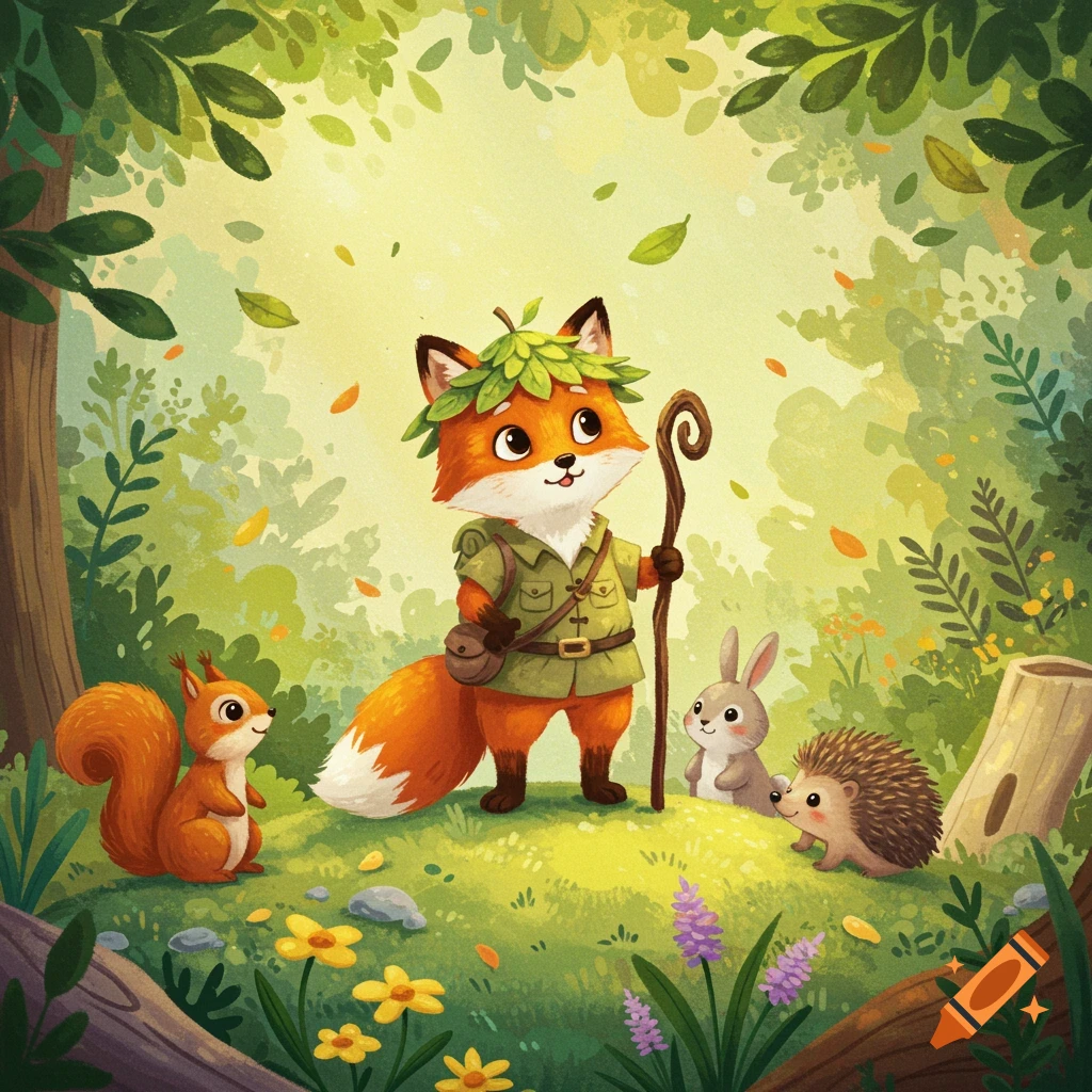 A cute fox explorer with a leaf crown and staff stands in a whimsical forest with a squirrel, rabbit, and hedgehog, in a children's illustration style.