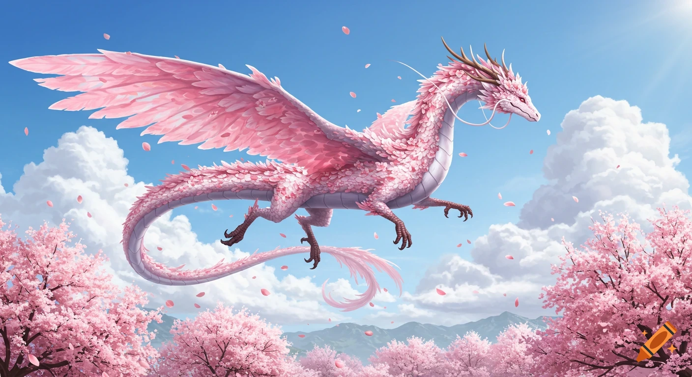 A magnificent pink dragon with feathered wings soars through a sunny blue sky, with white clouds and cherry blossoms blooming below.