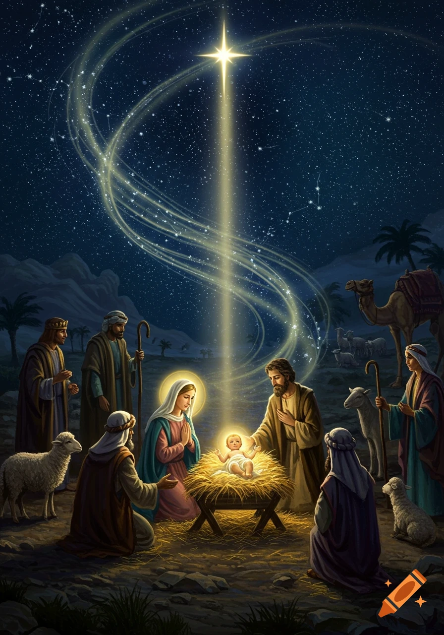 A depiction of the Nativity scene at night with Mary, Joseph, baby Jesus in a manger, shepherds, wise men, and animals, under a shining star.