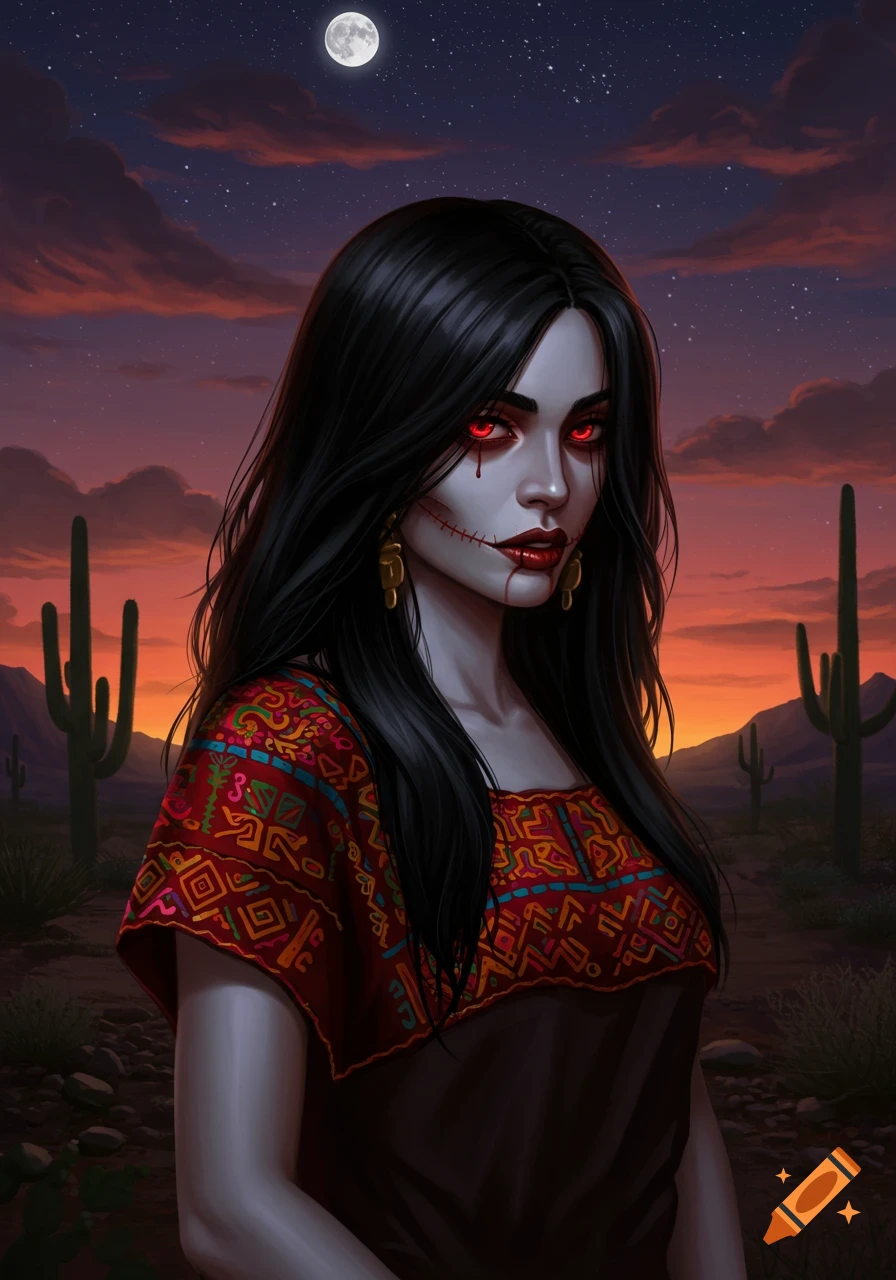 A pale vampire woman with red eyes and stitches, wearing a colorful Mexican-inspired tunic, in a desert at sunset under a full moon.